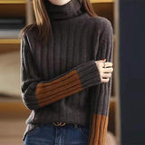 Winter High Collar Loose Casual Patchwork Sweater Top Women Thick Warm All-match Knitting Jumper Ladies Vintage