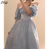 Elegant Midi Dresses Women Spring Blue Patchwork Retro Evening Party Dress 2022 French Sweet Korean Princess Fairy