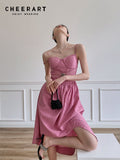 Pink Backless Long Slip Dresses For Women 2022 Summer Texture Tunics A Line Midi Spaghetti Strap Dress Elegant