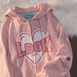 Women Letter Graphic Kawaii Harajuku Hoodies Pink Punk Emo Alt Sweatshirt Zip Up Aesthetic Indie Y2k Korean Fashion