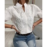 Hollow-out Embroidery White Cotton Shirt Floral Patterns Decoration V Neck Casual Lace Blouse Half Puff Sleeved Tops