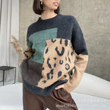 Leopard-Print Spliced Sweater Female Soft Thick Sheep Velvet Long Sleeve Knitted Tops In