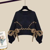 Winter Luxury Two Piece Set For Women Outfit Korean Bow Bandage Knitted Pullover Sweaters+high Waist Woolen Skirts Set