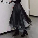 Black Tulle Patchwork Long Irregular Skirts Elastic High Waist A-Line Mesh Pleated Midi Skirts Vintage Punk