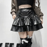 SUCHCUTE Punk Style PU Leather Mini Skirts Hight Waist Lace Up Bandage Black Pleated Mini Skirt Streetwear Girls Dark