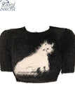 Women O-Neck Knitted Sweater Female Casual Streetwear Harajuku Clothing Short Sleeve Kawaii Print Crop Top Pullovers 2023