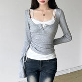 Solid Color Patchwork Stitching Side Long Sleeve TeeOutfit