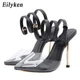 New Fashion Snake Print Leather Twining Ankle Design Women Pumps PVC Transparent Pointed Toe Stiletto Heels Sexy