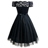 Women Vintage Lace Dress Red Black Green Slash Neck Tulle Midi Chic Retro Gothic 50s Jurken Swing Party