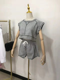 2022 Summer New Arrivals Sleeveless O Neck Crop Top Drawstring Shorts 2 Piece Set Women Outfits Grey