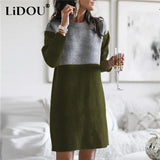 Autumn Winter Round Neck Vintage Patchwork Knitting Dress Women Loose Casual Straight Dresses Robe Femme Vestidos De