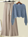 Winter Knitted Two Piece Set Women Casual Pullover Long Sleeve Knitting Sweater And Wide Leg Pants Sets For Women