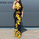 Women Deep V-Neck Plunge Sunflower Print Slit Maxi Dress Maxi Dress Elegant Fashion Chic