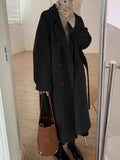 Women Double Breasted Loose Woolen Coat Lapel Collar Long Sleeves Solid Women's Casual Oversize Autumn Winter