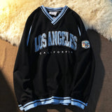 Punk Teens Losangeles Embroidered Hoodies V-neck Black White Sweatshirt High Quality Oversized Long Sleeve Autumn