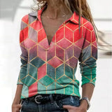 Women Long Sleeve V Neck Geometric Print Blouse Vintage Loose Polo Shirt Y2K Harajuku Oversize Tops Elegant Zip Sweatshirt