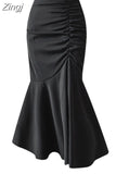 Women Ruched Vintage Skirt Elegant French Casual High Waist Streetwear Office Ladies Trumpet Female Party Court Skirt
