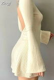 Backless Chic Solid Long Sleeve Autumn Dress Women Korean Fashion Basic Mini Dresses Slim Elegant Clothes Ladies