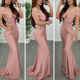 Women Solid Elegant Small V neck Ruched Maxi Sexy Formal Party Bodycon Mermaid