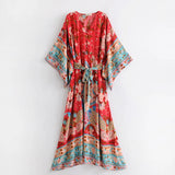 Queens Women Red Floral Print Bat Sleeve Beach Bohemian Kimono Dress Ladies V Neck Sashes Summer Boho Dresses