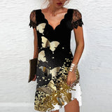 Sexy Elegant Fashion Party Dresses Women V-neck Floral Print Short Sleeve Lace Mini Dress Oversized Vestido Feminino