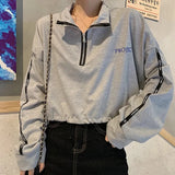 Harajuku Hoodies Women Y2K Street Zipper Crop Sweatshirt Black Long Sleeve Loose Pullover Fashion Simple Elastic Waist