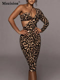 Fashion Sexy Leopard Print Madi Dress For Women Gown Summer New Hollow Out One Sleeve Backless Long Dress