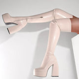 Fashion Stretch Women Over The Knee Boots Platform Square High Heel Motorcycle Boots Autumn Winter Pu Thigh