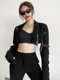 SUCHCUTE Women's Blazer Metal Chain Cropped Coat Blazer Jacket Vintage Aesthetics Bandage Black Ladies Office 90s Short