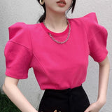 Cool Chain Puff Sleeve Rose Red Solid T Shirts Elegant Fashion Office Lady Loose Summer Large 2XL O-neck Tops