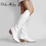 Onlymaker Women White Knee High Boots Western Cowboy Boots Wide Calf Embroidered Pointed Toe Block Heel Pull-On Cowgirl