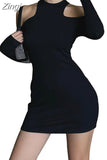 Fashion Chic Open Shoulder Bodycon Black Dresses for Women Solid Autumn Dress Mini Cut Out Basic Korean Elegant