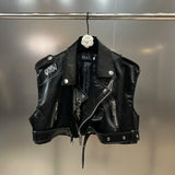 Autumn New Arrivals Long Sleeve Turn Down Collar Embroidery Letters Faux Leather Short Jacket Vest Belt Women