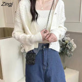 Autumn Women Knitted Two Piece Set Long Sleeve Loose Knitted Cropped Cardigan + Spaghetti Strap Camisole Top Clothing