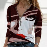 Women Long Sleeve V Neck Geometric Print Blouse Vintage Loose Polo Shirt Y2K Harajuku Oversize Tops Elegant Zip Sweatshirt