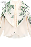 Style Fashion Women Botany Print Shirt Doll Collar Casual Long-Sleeved Women 2023 Autumn New Blouses Chiffon
