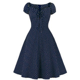 Vintage 50s Swing Rockabilly Dress Polka Dot Print Draw String Summer Casual Sundress Chiffon Bohemian Women's