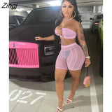 Summer Streetwear 2 Two Peice Set Outfits Women 2022 Black White Strapless Crop Top See Through Mesh Matching Sets