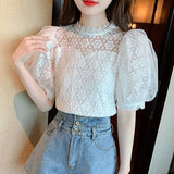 Blouse Women Sweet Stand Collar Elegant Korean Shirt Summer Puff Short Sleeve Tops Flower Crochet Ladies Blusas Mujer
