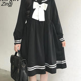 Gothic Lolita Dress Women Japanese Sweet Bow Kawaii Long Sleeve Dresses Summer Preppy Style Sailor Collar Party