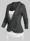Cinched Heathered Faux Twinset T-shirt Women Tee T Shirt Long Sleeve 2 In 1