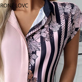 Women Striped Print Colorblock Shirt Blouse Summer