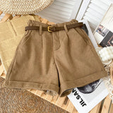 Rolled Wide-leg Shorts Women Korean Retro Elastic Waist Loose Casual Short Pants With Belt Loose A line Shorts