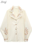 Women Shirts Fashion Vintage Embroidery Blouses Loose Casual Long Sleeve Turn-down Collar Female Office Ladies Blouse