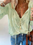 Shirt Women's 2023 Autumn Lace Blouse V-neck Shirt Loose Tops Office Lady Fashion Clothing Clothes Temperament