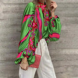 Pattern Printed Long Sleeved Bohemian Top Women O-neck Beach Hollow Out Blouses Spring Loose Temperament Shirt