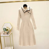 Winter New Knitted Bottoming Dress for Women High-end Temperament Lapel Long Sleeve Button Deco A-line Sweater Long