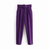 Solid Women Suit Pants Office Lady Empire Waist Belt Trousers Elagant Sashes Casual Chic