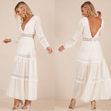 Queens Vintage Women Solid V-neck Sleeveless Hollow Out Beach Maxi Dress Ladies Chiffon Lace Patchwork Boho Sundress
