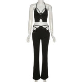 Grunge Punk Streetwear Lace Up Black 2 Piece Pants Suits Y2K Fashion Sexy Backless Halter Tops Cut Out Pants Co-ord